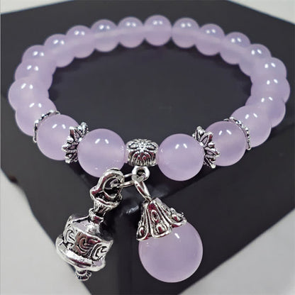 Buddha Stones Vintage Crystal Chalcedony Stone Energy Beaded Bell Charm Bracelet