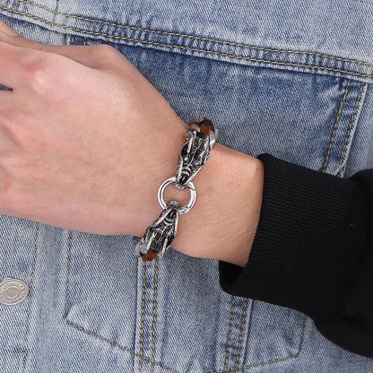 Buddha Stones Dragon Leather Titanium Steel Protection Luck Braided Bracelet