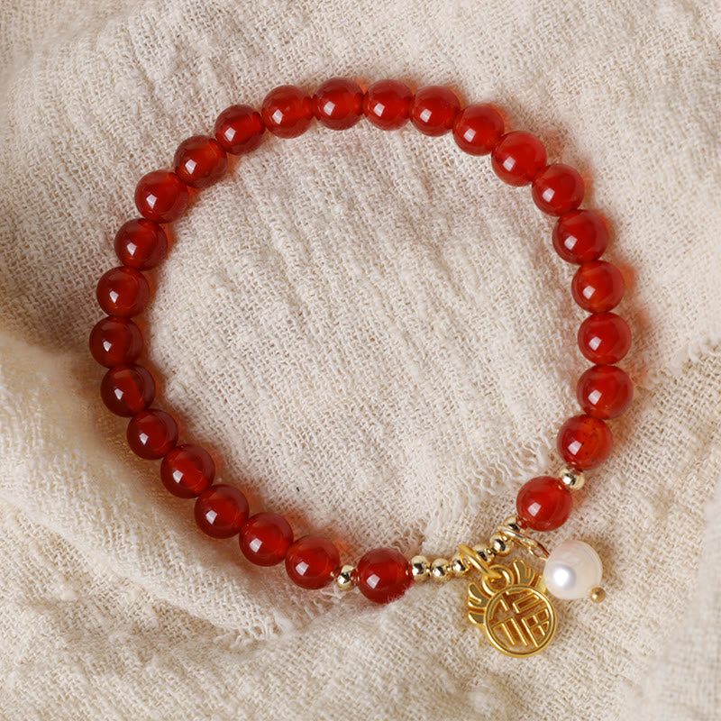 Buddha Stones Year of the Dragon Red Agate Jade Peace Buckle Fu Character Success Bracelet (Extra 30% Off | USE CODE: FS30)