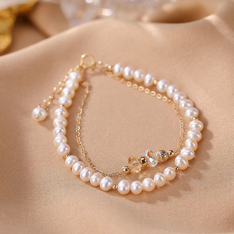 Buddha Stones 925 Sterling Silver Plated 14k Gold Natural Pearl Crystal Healing Double Layer Bracelet