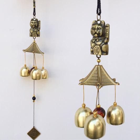 Buddha Stones Auspicious Wealth Cat Wall Hanging Chime Bell Copper Luck Handmade Home Decoration