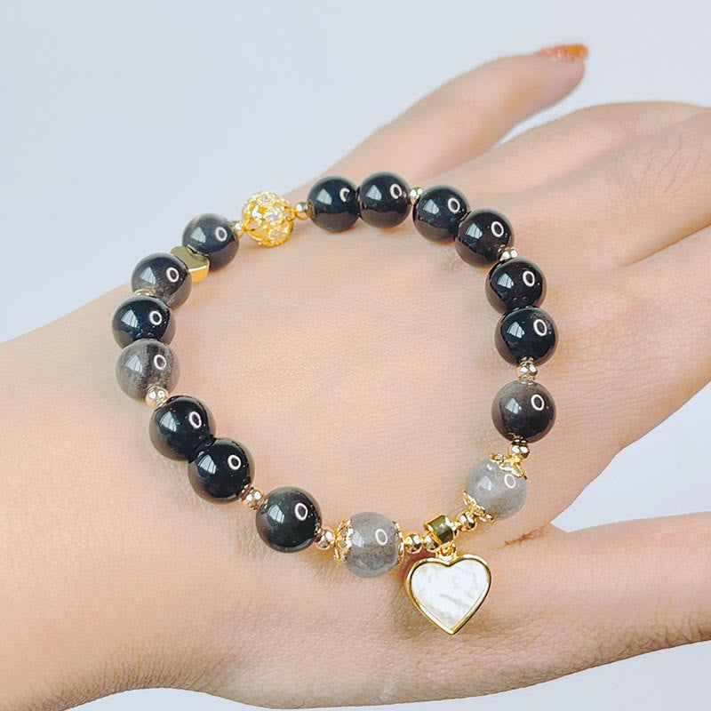 Buddha Stones Natural Silver Sheen Obsidian Love Heart Star Flower Protection Bracelet (Extra 30% Off | USE CODE: FS30)