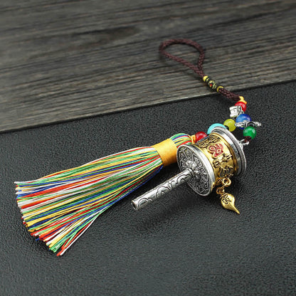 Buddha Stones Tibet Om Mani Padme Hum Prayer Wheel Tassel Bag Car Hanging Decoration