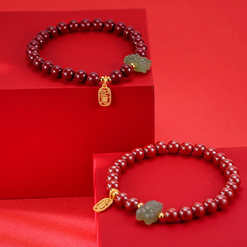 Buddha Stones 925 Sterling Silver Year of the Dragon Natural Cinnabar Hetian Jade Dragon Fu Character Ruyi As One Wishes Charm Blessing Bracelet (Extra 30% Off | USE CODE: FS30)