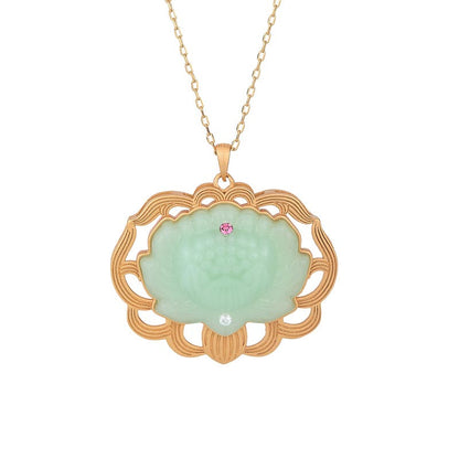 Buddha Stones Natural Jade Lotus Harmony Necklace Pendant