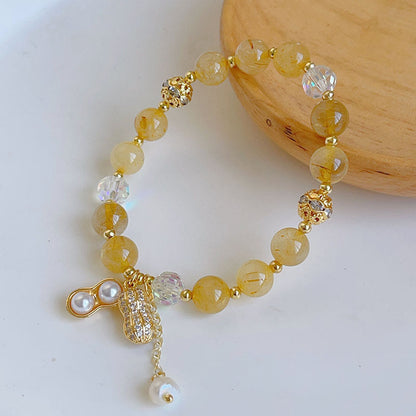 Buddha Stones Sun Stone Colorful Rutilated Quartz Wealth Peanut Charm Bracelet