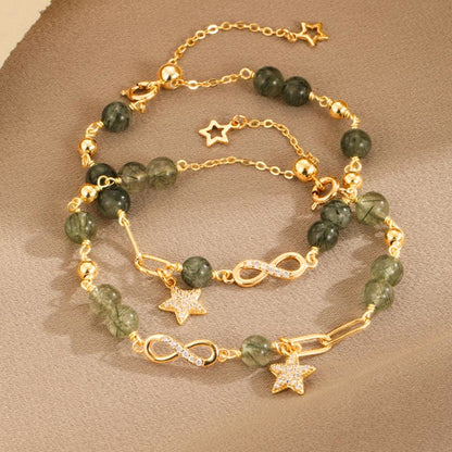 Buddha Stones 14k Gold Plated Copper Green Rutilated Quartz Möbius Loop Eternal Love Star Protection Bracelet