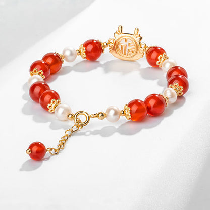 Buddha Stones 14K Gold Plated Year Of The Dragon Natural Red Agate Pearl Protection Fu Character Chain Bracelet (Extra 30% Off | USE CODE: FS30)