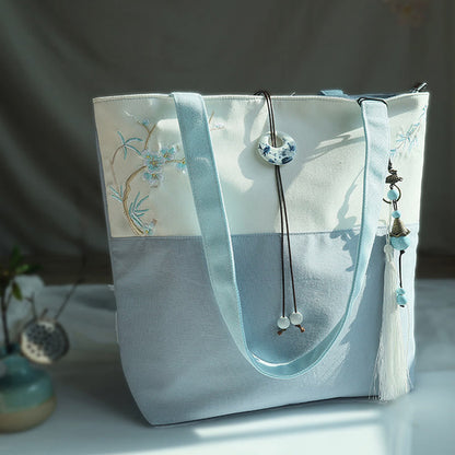 Buddha Stones Pear Flower Plum Peach Blossom Bamboo Embroidery Canvas Large Capacity Shoulder Bag Tote Bag