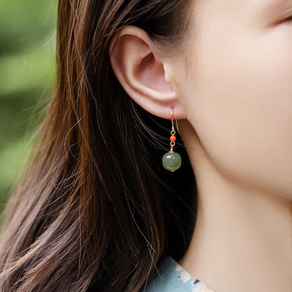 Buddha Stones 925 Sterling Silver Plated 14k Gold Hetian Jade Red Agate Luck Drop Dangle Earrings