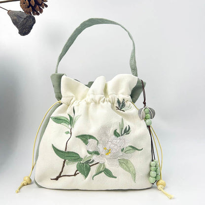 Buddha Stones Embroidered Butterfly Lotus Magnolia Cotton Linen Tote Crossbody Bag Shoulder Bag Handbag