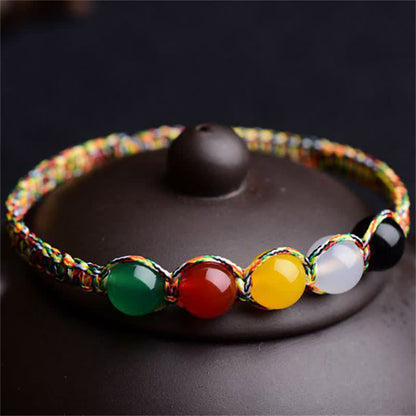 Buddha Stones Colorful Agate Metal Wood Water Fire Earth Five Elements String Bracelet