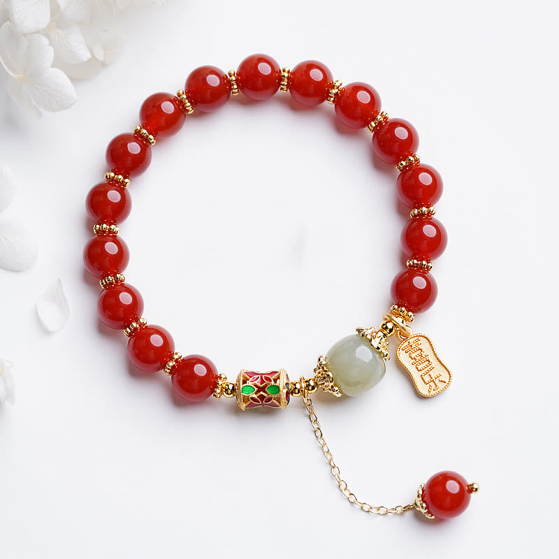 Buddha Stones Natural Red Agate Hetian Jade Fu Character Confidence Charm Bracelet (Extra 30% Off | USE CODE: FS30)