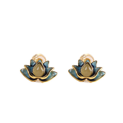 Buddha Stones 925 Sterling Silver Hetian Cyan Jade Lotus Flower Success Earrings