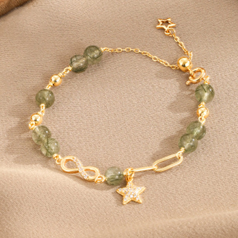 Buddha Stones 14k Gold Plated Copper Green Rutilated Quartz Möbius Loop Eternal Love Star Protection Bracelet