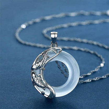 Buddha Stones "Wishing Luck and Prosperity" White Jade Koi Fish Necklace Includes Gift Message Card
