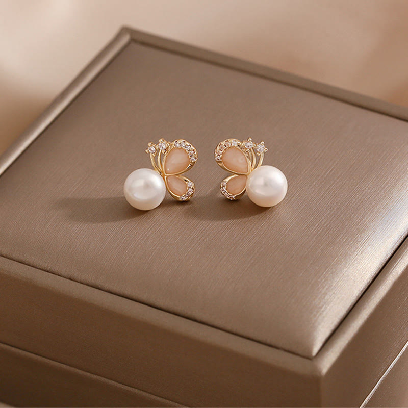 Buddha Stones 18k Gold Plated Pearl Butterfly Love Freedom Stud Earrings