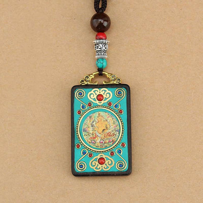 Buddha Stones Tibet God Of Wealth Money Tree Golden Phoenix Thangka Ebony Peace Necklace Pendant