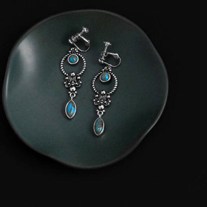 Buddha Stones 925 Sterling Silver Vintage Turquoise Waterdrop Pattern Balance Drop Dangle Earrings