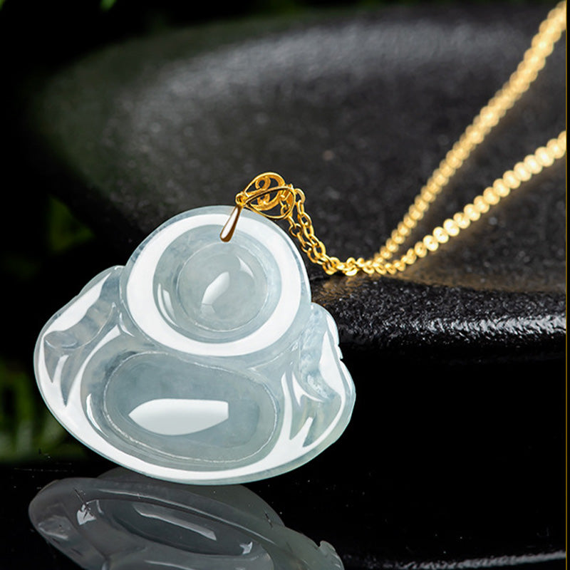 Buddha Stones Laughing Buddha Natural Jade 925 Sterling Silver Plated Gold Abundance Necklace Pendant