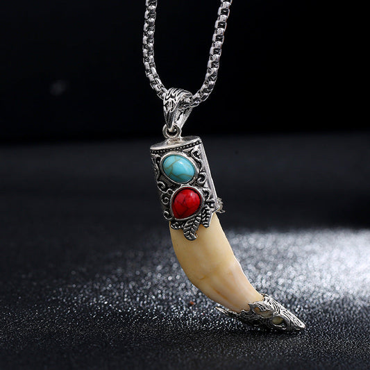 Buddha Stones Imitation Wolf Tooth Titanium Steel Balance Necklace Pendant