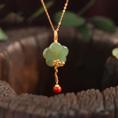 Buddha Stones Vintage Plum Blossom Flower Jade Red Agate Prosperity Necklace Pendant