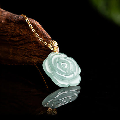 Buddha Stones 18K Gold Buckle 925 Sterling Silver Chain Natural Jade Rose Luck Necklace Pendant