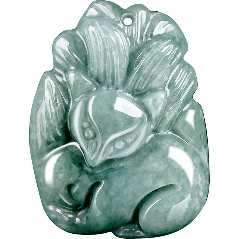 Buddha Stones Natural Green Jade Nine Tailed Fox Engraved Prosperity Necklace Pendant