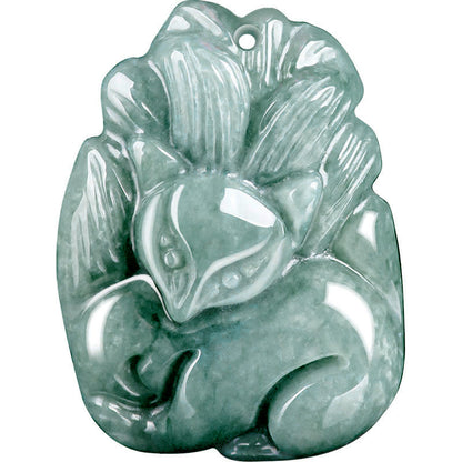 Buddha Stones Natural Green Jade Nine Tailed Fox Engraved Prosperity Necklace Pendant