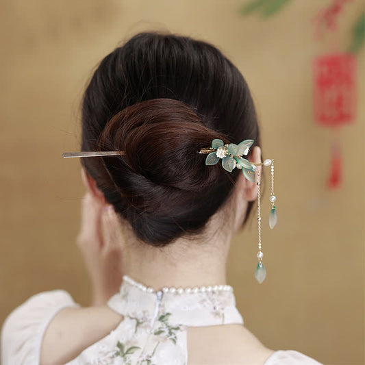 Buddha Stones Flower Leaf Pearl Peace Tassel Hairpin