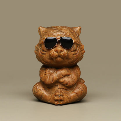 Buddha Stones Small Green Sandalwood Tiger Engraved Positive Desk Decorations