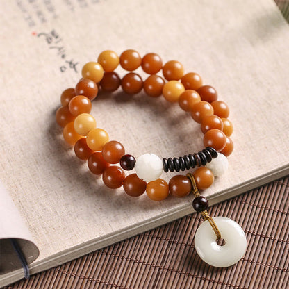 Buddha Stones Cyan Bodhi Seed Lotus Jade Peace Buckle Wisdom Double Wrap Bracelet