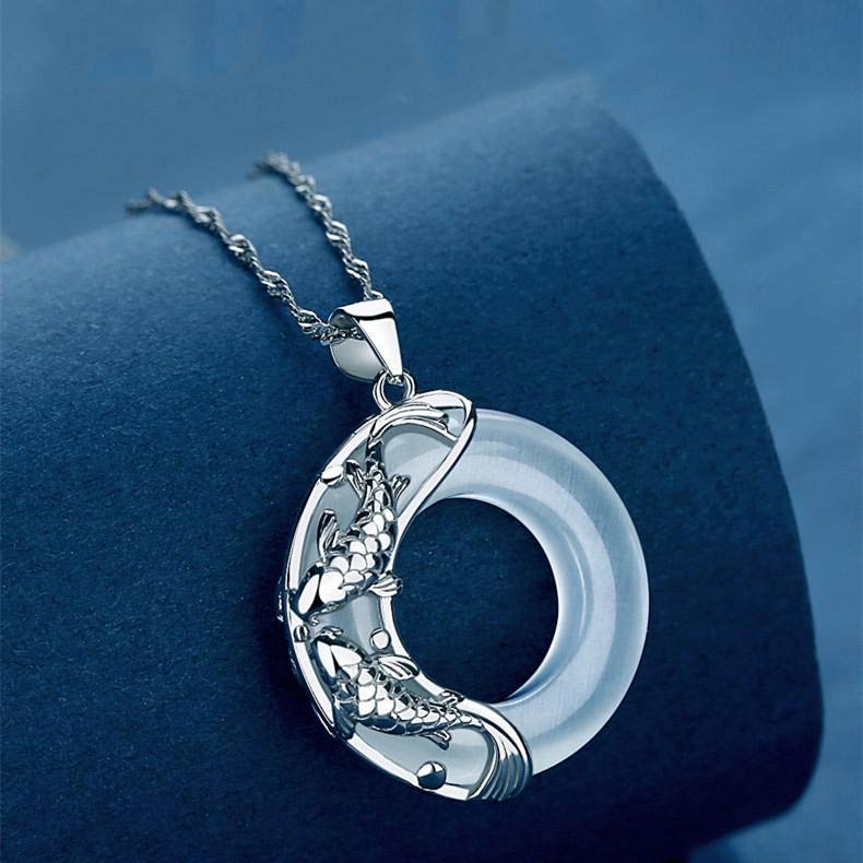 Buddha Stones "Wishing Luck and Prosperity" White Jade Koi Fish Necklace Includes Gift Message Card