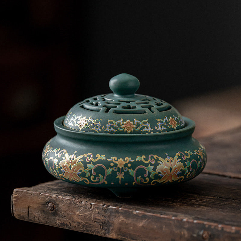 Buddha Stones Dragon Floral Pattern Backflow Smoke Fountain Ceramic Meditation Incense Burner Decoration