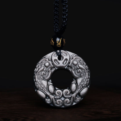 Buddha Stones Natural Silver Sheen Obsidian Double PiXiu Copper Coin Peace Buckle Protection Necklace Pendant