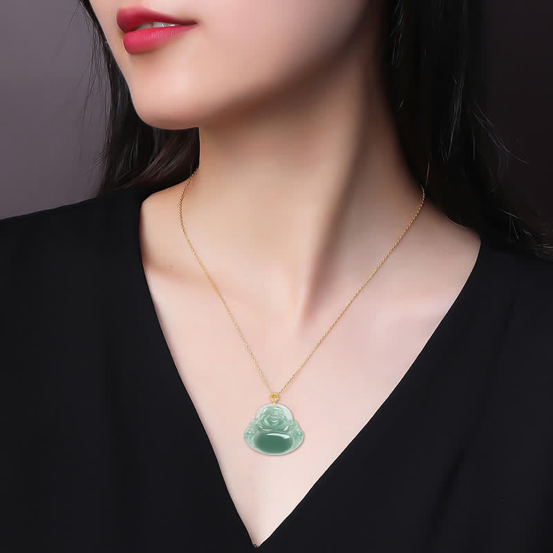 Buddha Stones Laughing Buddha Natural Jade Prosperity Abundance Necklace Pendant