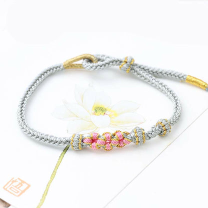 Buddha Stones Handmade Three Peach Blossoms Luck Eight Strands Braided String Bracelet