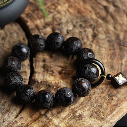 Buddha Stones Ebony Wood Chinese Character Yin Yang Engraved Gourd Balance Bracelet