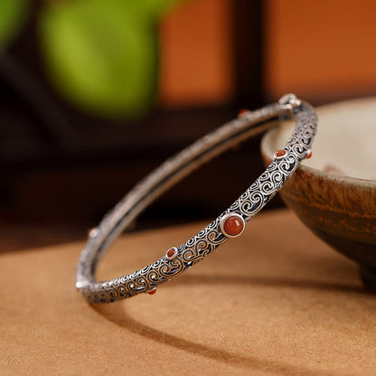 Vintage Tang Dynasty Flower Design Engraved Red Agate Copper Luck Bracelet Bangle