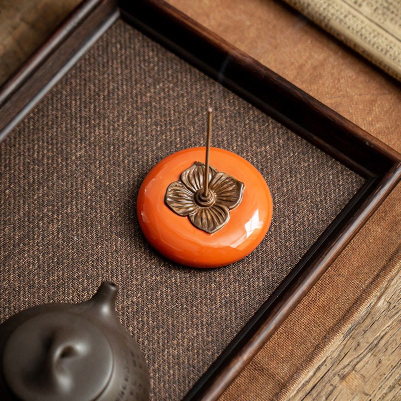 Buddha Stones Persimmon Ceramic Meditation Healing Incense Burner Incense Holders