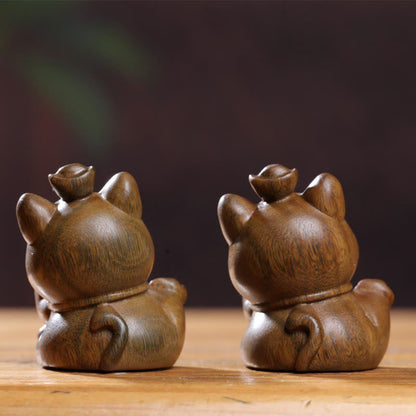 Buddha Stones Mini Green Sandalwood Ingot Lucky Cat Carved Peace Desk Decorations