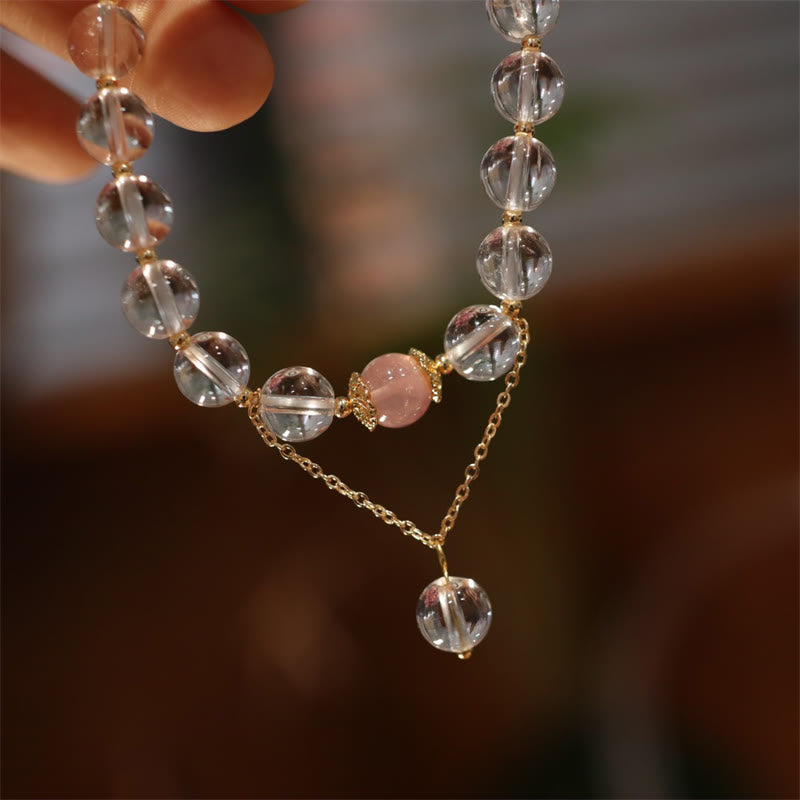 Buddha Stones Natural Silver Sheen Obsidian Pink Crystal White Crystal Protection Yin Yang Color Couple Bracelet