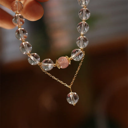 Buddha Stones Natural Silver Sheen Obsidian Pink Crystal White Crystal Protection Yin Yang Color Couple Bracelet