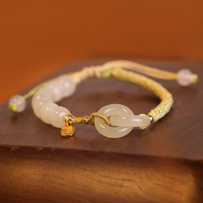 Buddha Stones Natural Hetian Jade Bead Double Peace Buckle Fu Character Abundance Braided Bracelet