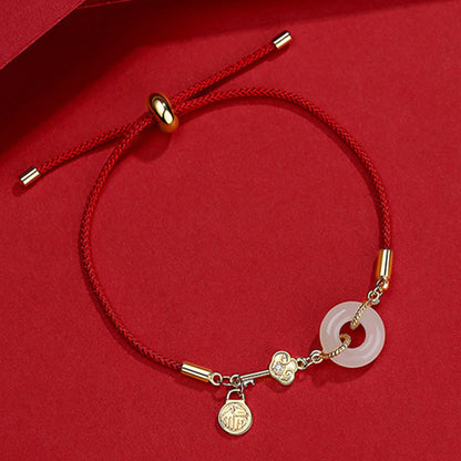 Buddha Stones 18K Gold Plated Hetian Jade Peace Buckle Fu Character Luck Red Rope Bracelet