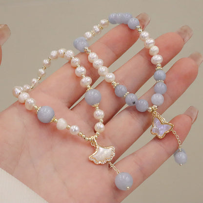 Buddha Stones Natural Aquamarine Pearl Healing Ginkgo Leaf Butterfly Charm Bracelet