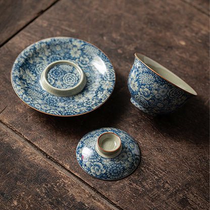 Buddha Stones Vintage Blue And White Porcelain Peach Blossom Lotus Peony Ceramic Gaiwan Sancai Teacup Kung Fu Tea Cup And Saucer With Lid