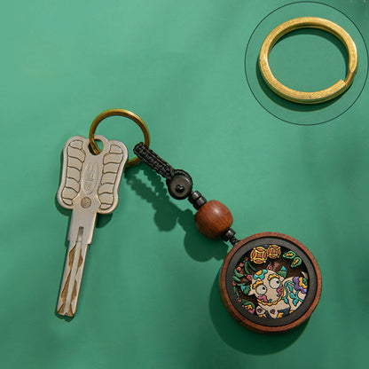Buddha Stones Year Of The Dragon Hand Painted Chinese Zodiac Rosewood Carved Calm Key Chain