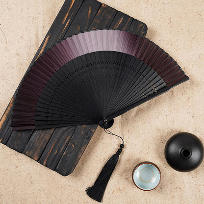 Buddha Stones Solid Color Gradient Hollow Engraved Handheld Bamboo Folding Fan