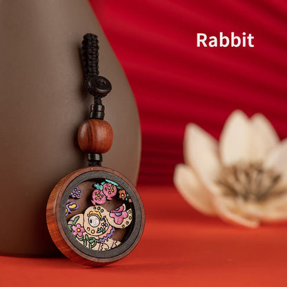 Buddha Stones Year Of The Dragon Hand Painted Chinese Zodiac Rosewood Carved Calm Key Chain